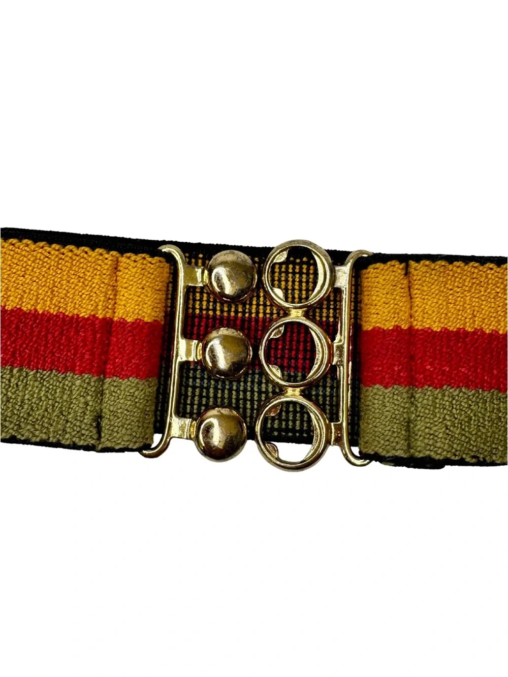 Decorative Stretch Belt Green Red Mustard Stripe Gold Tone Clasp Retro 26”